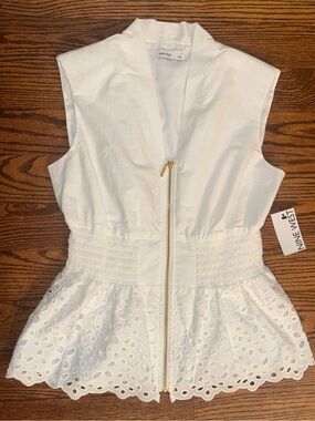 Nine West White Eyelet Peplum Zip-Front Blouse - S